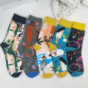 5 Pair Print Cute Long Winter Socks Women Fashion New Flowers