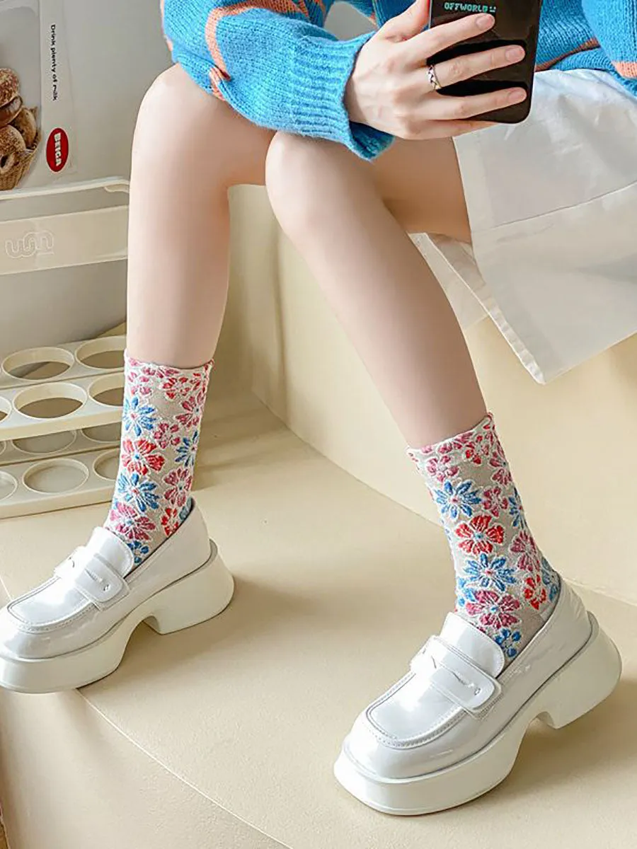 5 Pairs Women Artsy Autumn Flower Jacquard Socks