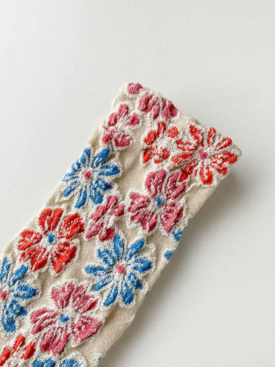 5 Pairs Women Artsy Autumn Flower Jacquard Socks
