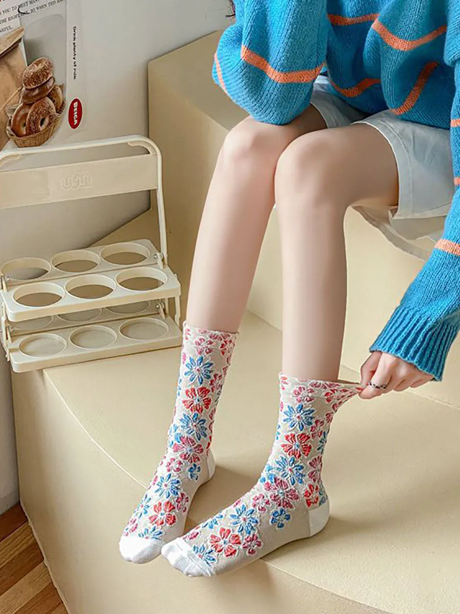 5 Pairs Women Artsy Autumn Flower Jacquard Socks
