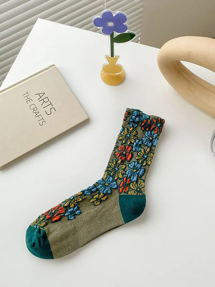 5 Pairs Women Artsy Autumn Flower Jacquard Socks
