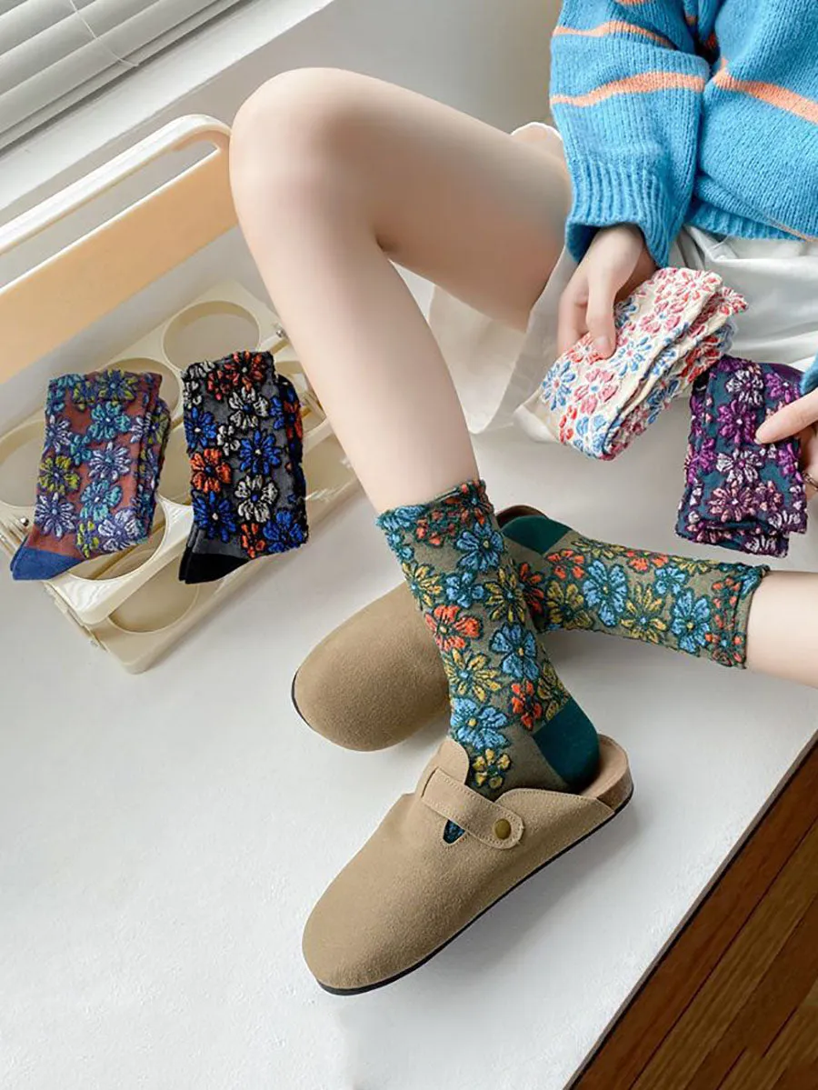 5 Pairs Women Artsy Autumn Flower Jacquard Socks