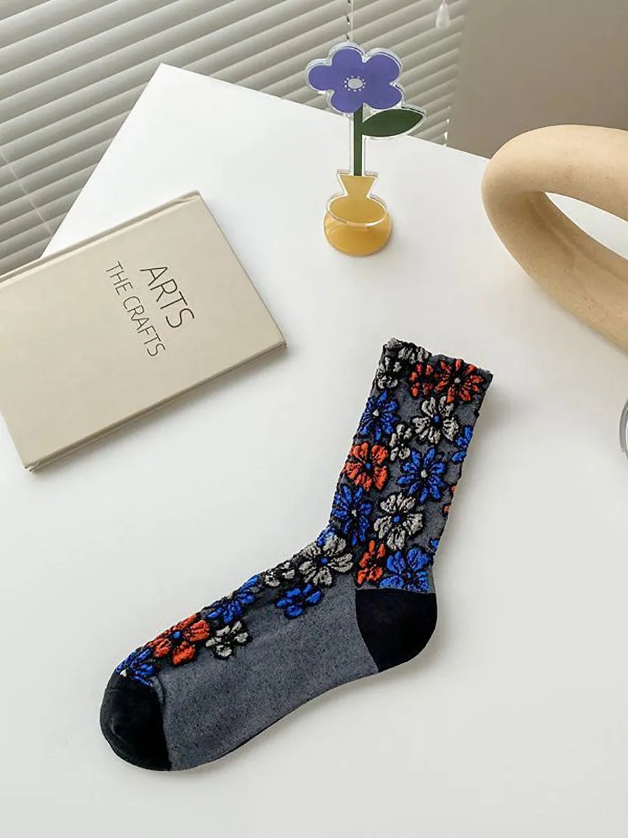 5 Pairs Women Artsy Autumn Flower Jacquard Socks