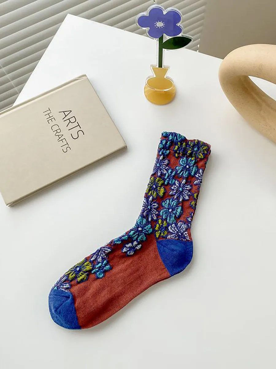 5 Pairs Women Artsy Autumn Flower Jacquard Socks