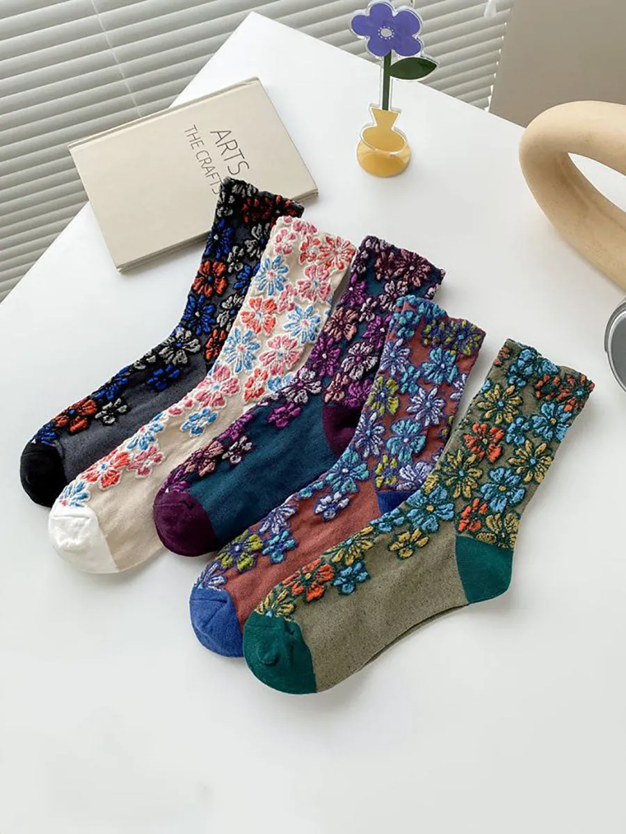 5 Pairs Women Artsy Autumn Flower Jacquard Socks