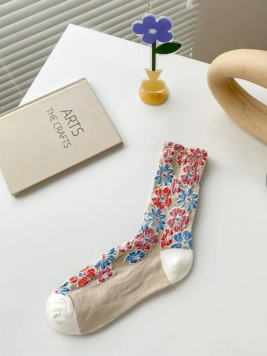 5 Pairs Women Artsy Autumn Flower Jacquard Socks