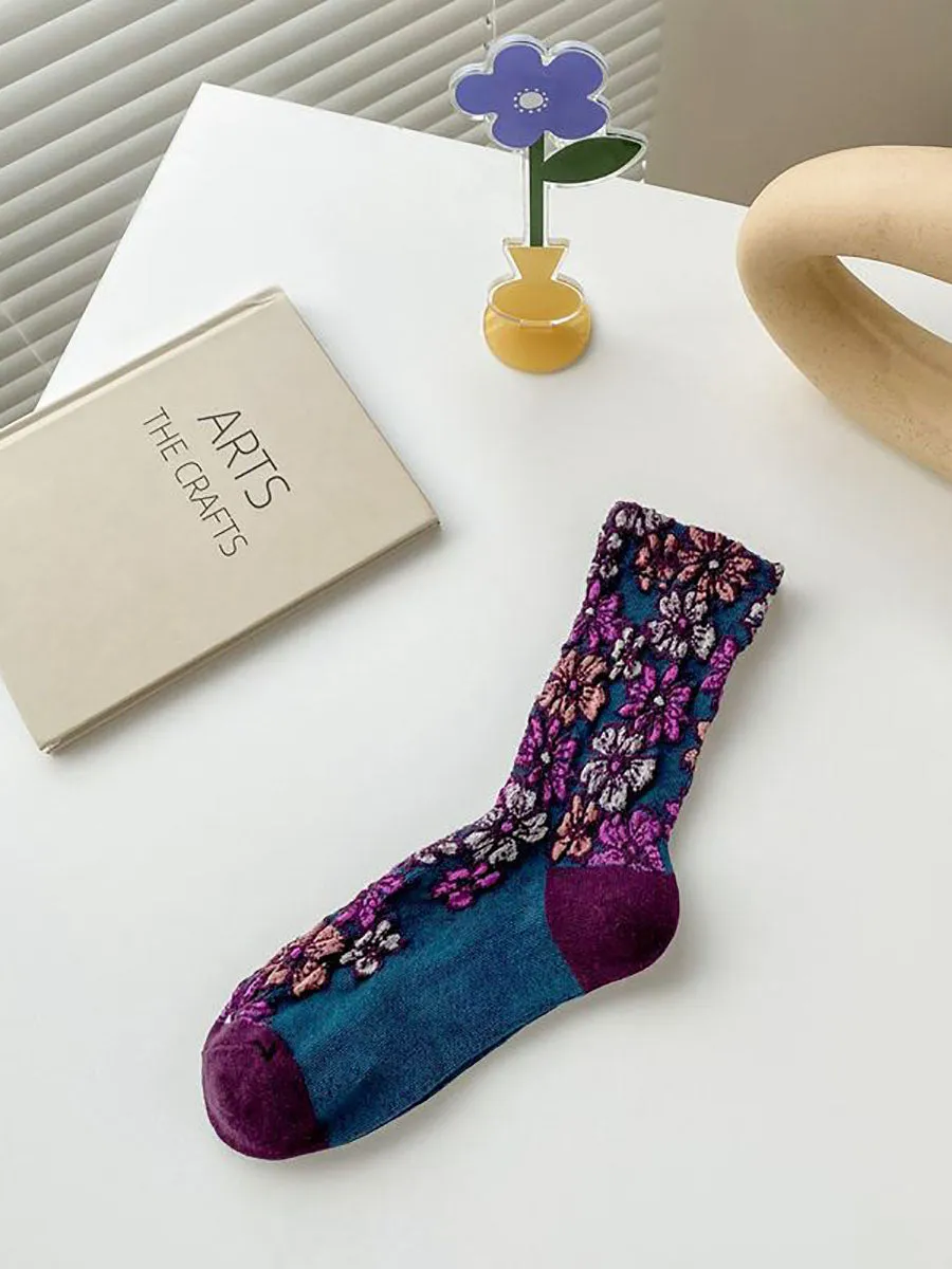 5 Pairs Women Artsy Autumn Flower Jacquard Socks