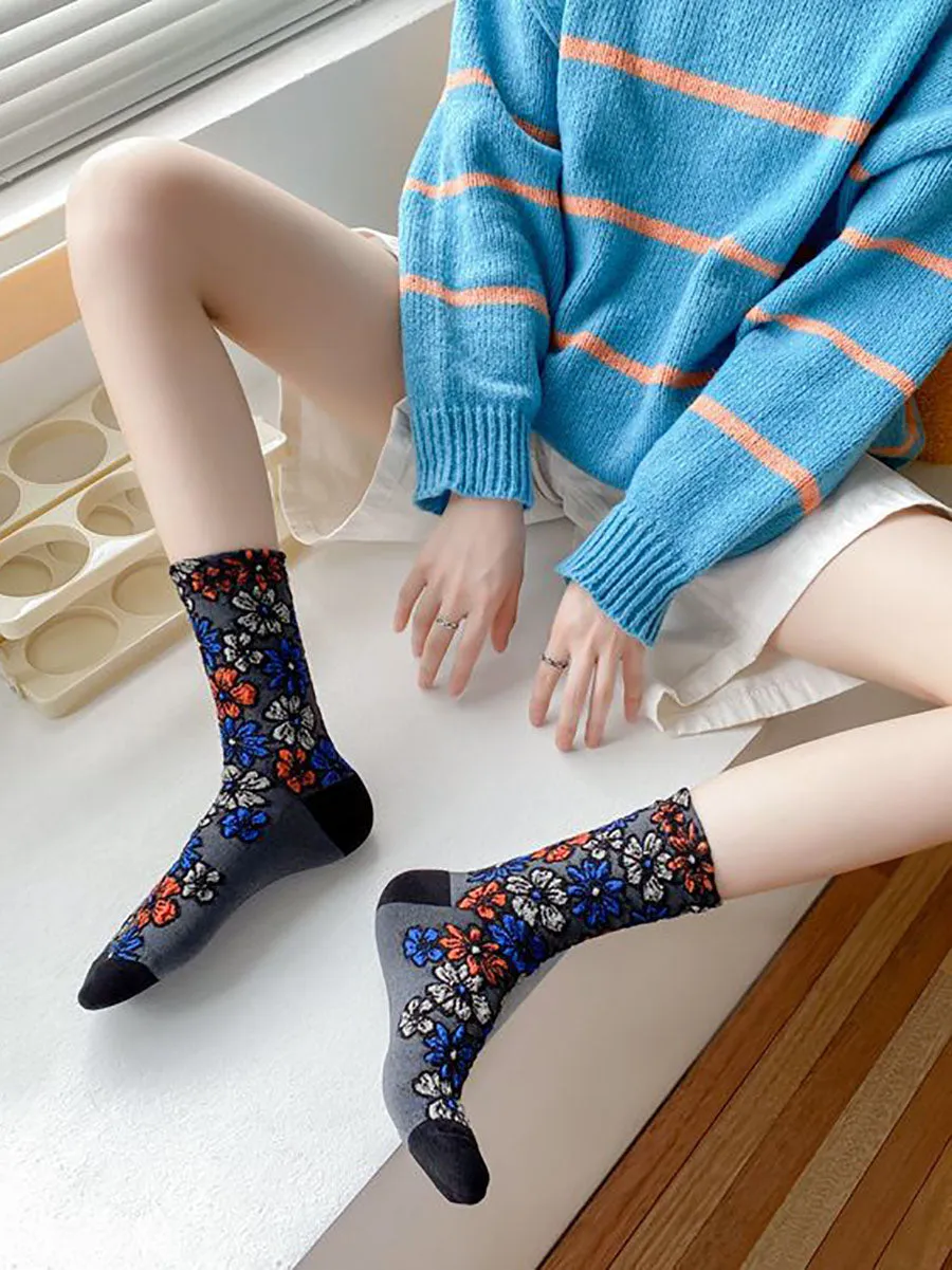 5 Pairs Women Artsy Autumn Flower Jacquard Socks