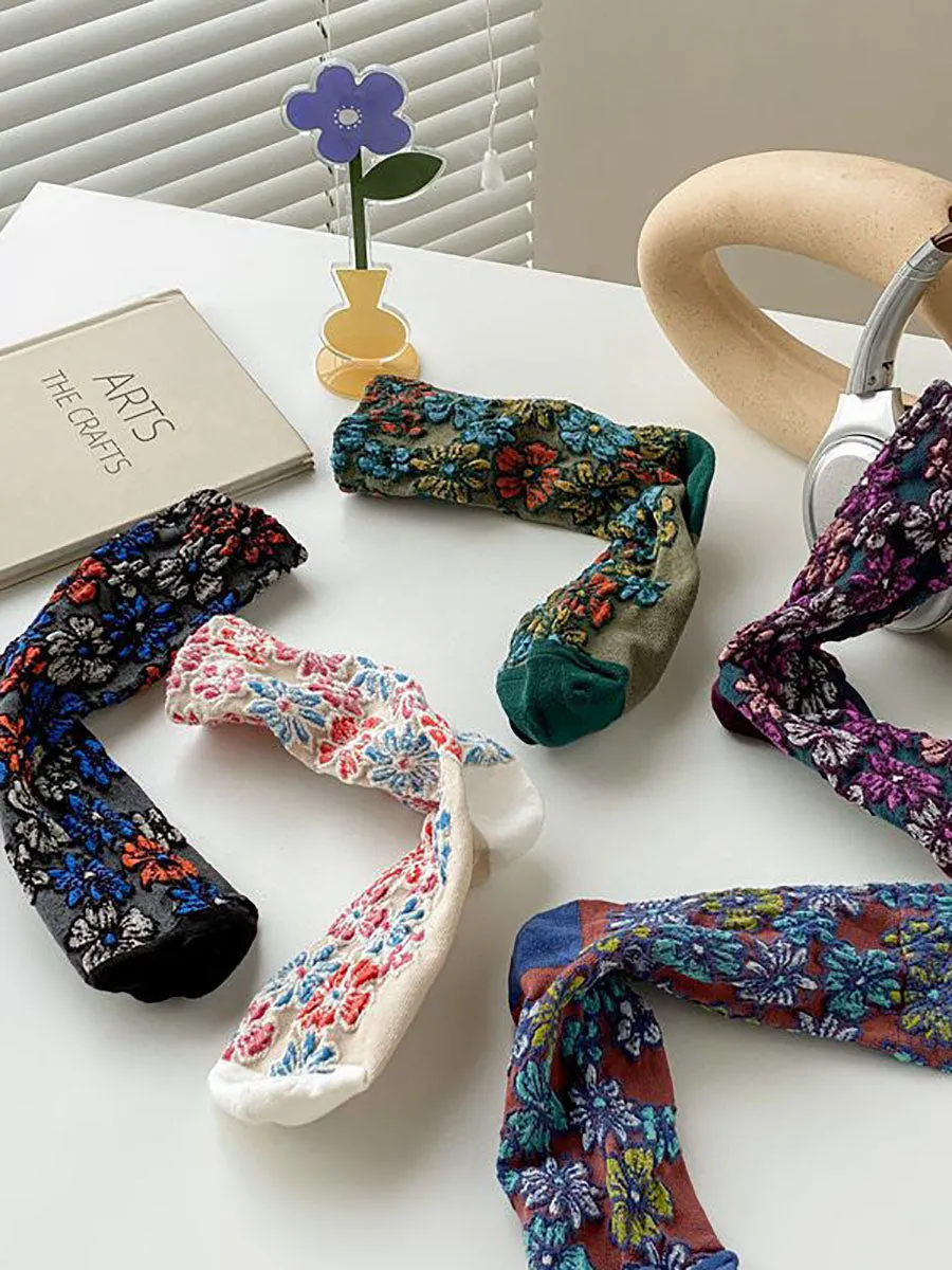5 Pairs Women Artsy Autumn Flower Jacquard Socks