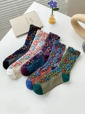 5 Pairs Women Artsy Autumn Flower Jacquard Socks