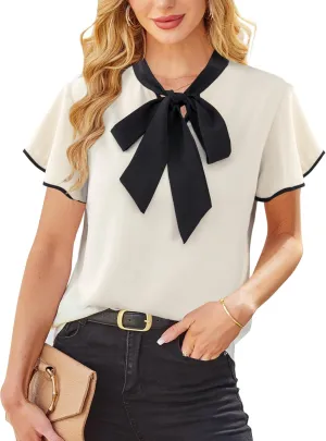 Avanova Women Color Block V Neck Blouse Shirt Short Sleeve Work Top