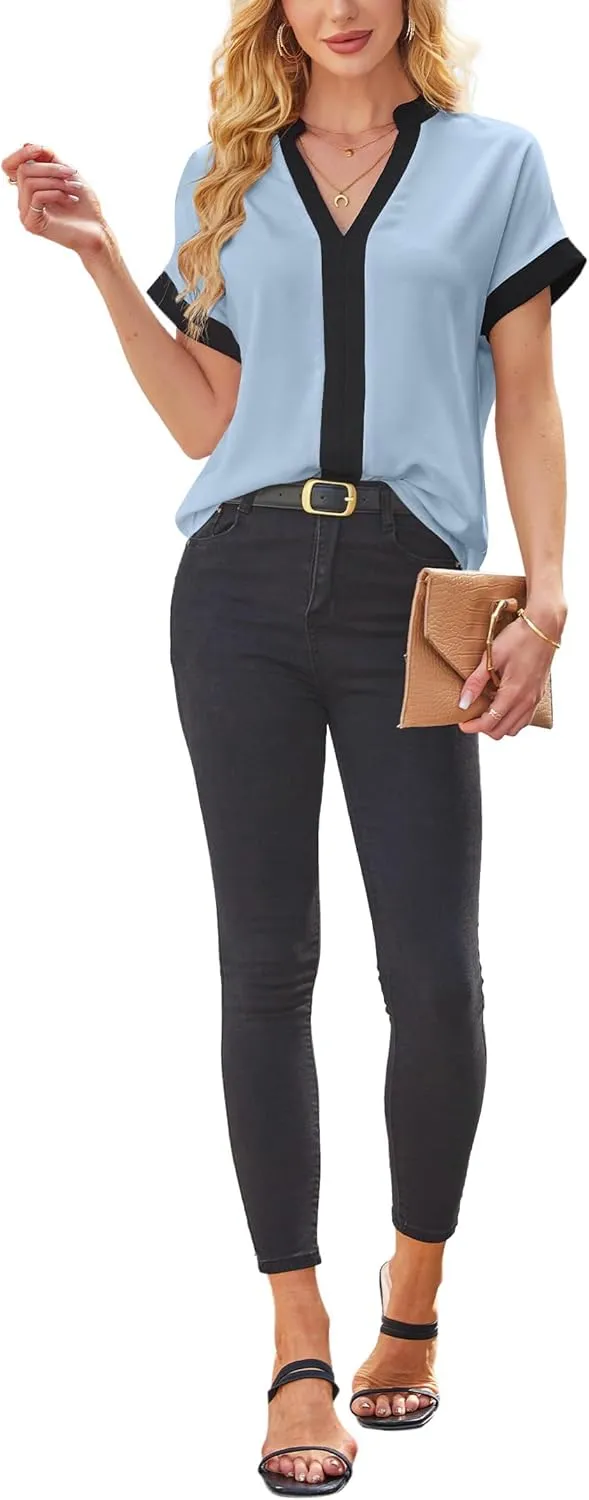 Avanova Women Color Block V Neck Blouse Shirt Short Sleeve Work Top