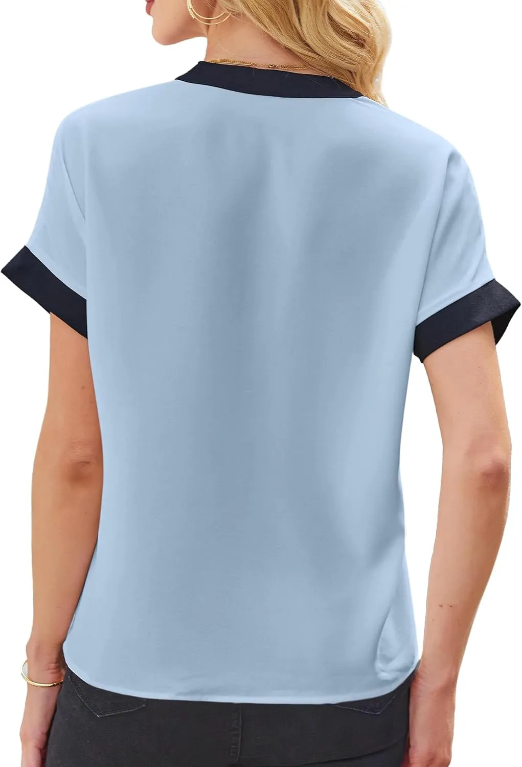 Avanova Women Color Block V Neck Blouse Shirt Short Sleeve Work Top