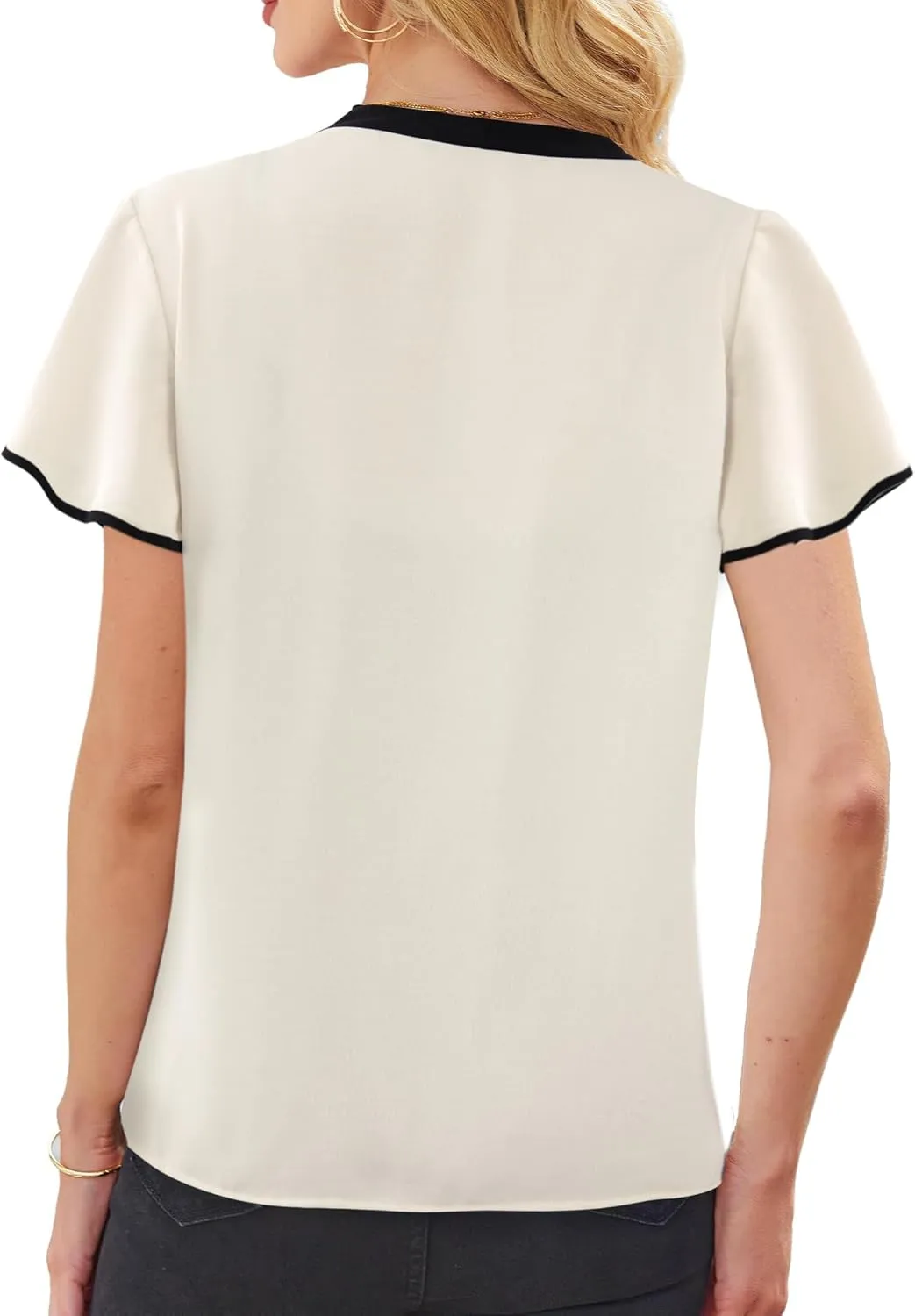Avanova Women Color Block V Neck Blouse Shirt Short Sleeve Work Top