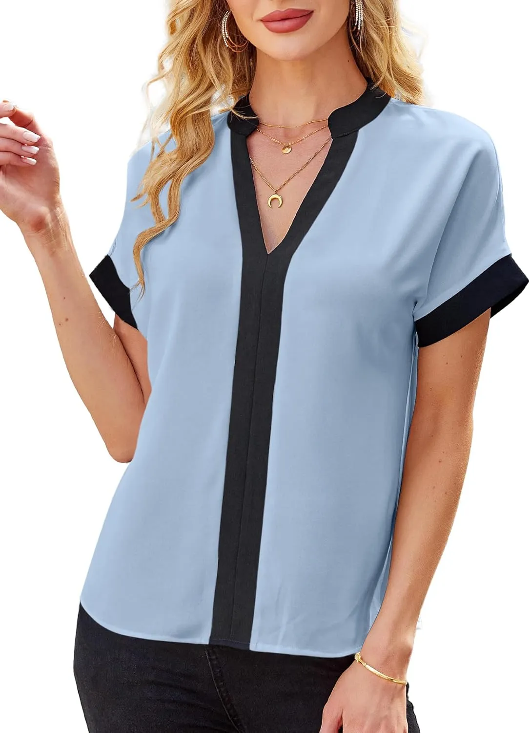 Avanova Women Color Block V Neck Blouse Shirt Short Sleeve Work Top
