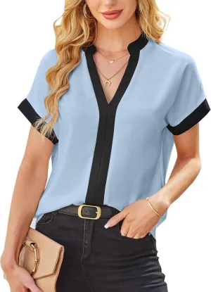 Avanova Women Color Block V Neck Blouse Shirt Short Sleeve Work Top