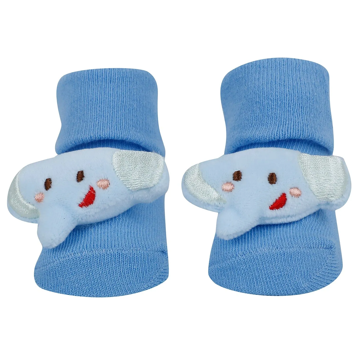 Baby Moo Bear Panda Elephant 3D Rattle Anti-Skid Socks Booties Pack of 3 - Blue