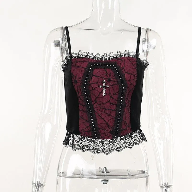 BerryBetty - Backless lace patchwork ruffle contrast cami crop top