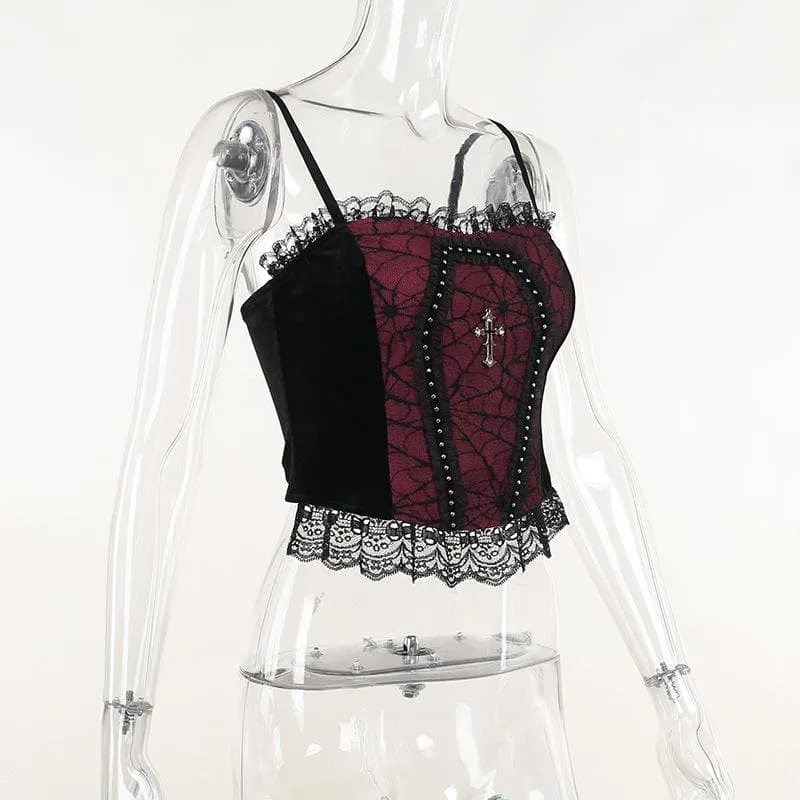 BerryBetty - Backless lace patchwork ruffle contrast cami crop top
