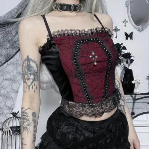 BerryBetty - Backless lace patchwork ruffle contrast cami crop top