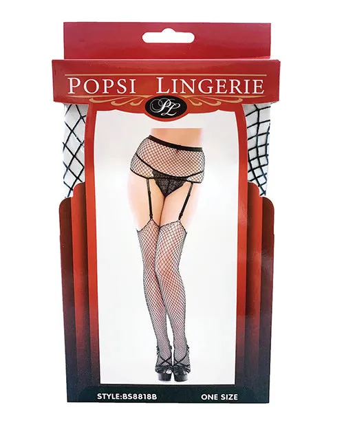 Black Fishnet Garter Thigh High Pantyhose O/S