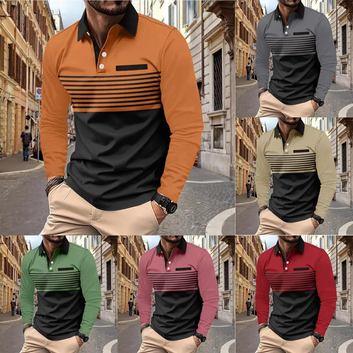 DEEX Men's Polo Shirts Long Sleeve Casual Fashion Polo Tee Shirts Color Block Slim Fit Golf Polo Shirt with Pocket