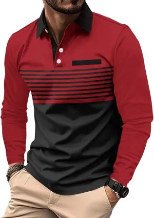 DEEX Men's Polo Shirts Long Sleeve Casual Fashion Polo Tee Shirts Color Block Slim Fit Golf Polo Shirt with Pocket