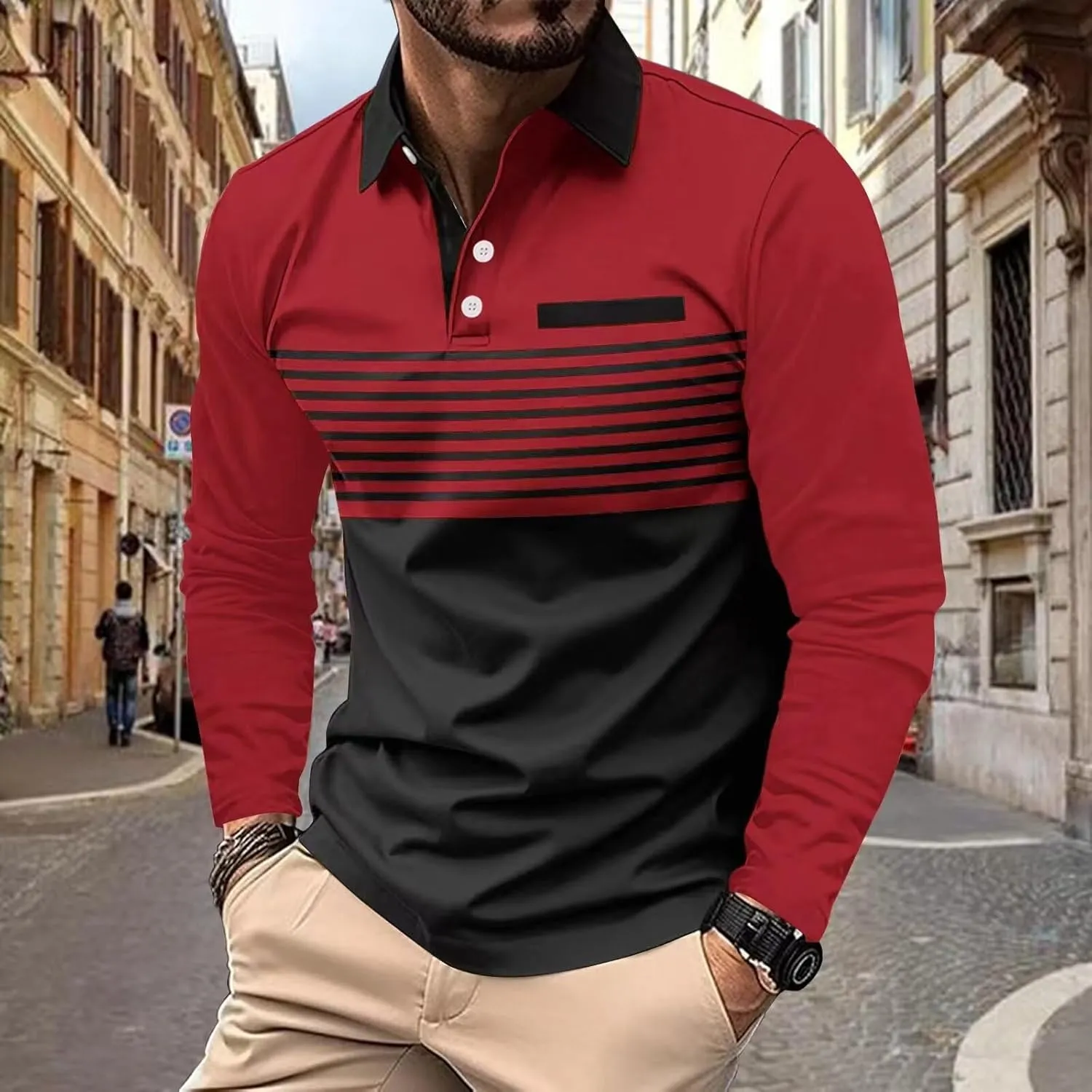 DEEX Men's Polo Shirts Long Sleeve Casual Fashion Polo Tee Shirts Color Block Slim Fit Golf Polo Shirt with Pocket