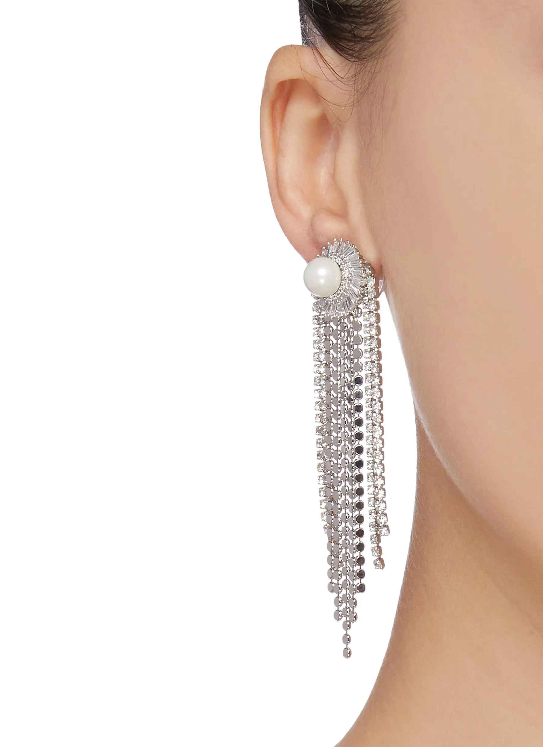 FAUX PEARL STUD GLASS CRYSTAL CHAIN FRIGNE DROP EARRINGS