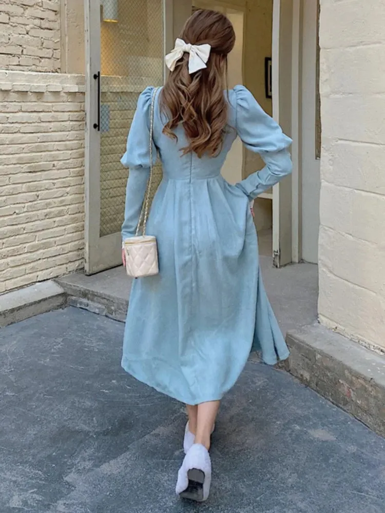 Girlary French Vintage Autumn Midi Dresses for Women Puff Sleeve Half High Collar Patchwork Lace A-line Retro Princess Dress Vestidos