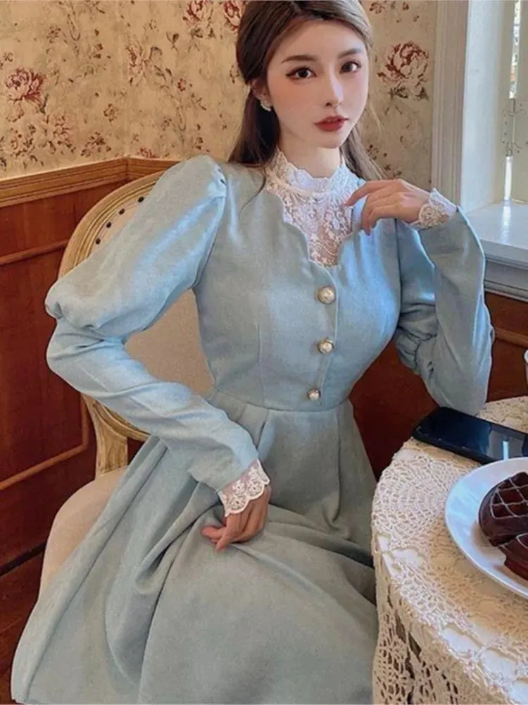 Girlary French Vintage Autumn Midi Dresses for Women Puff Sleeve Half High Collar Patchwork Lace A-line Retro Princess Dress Vestidos