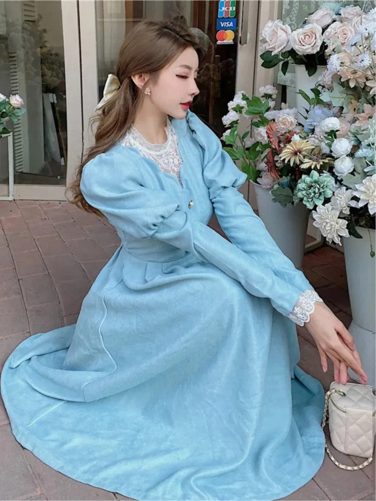 Girlary French Vintage Autumn Midi Dresses for Women Puff Sleeve Half High Collar Patchwork Lace A-line Retro Princess Dress Vestidos