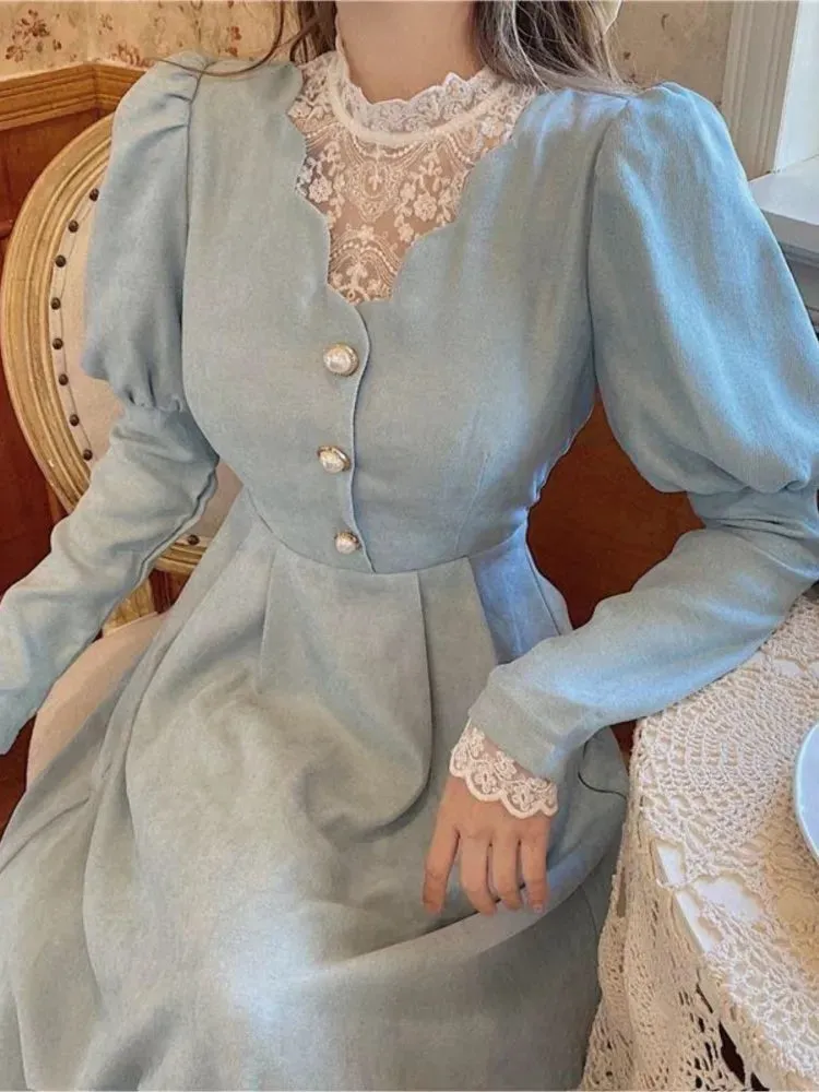 Girlary French Vintage Autumn Midi Dresses for Women Puff Sleeve Half High Collar Patchwork Lace A-line Retro Princess Dress Vestidos