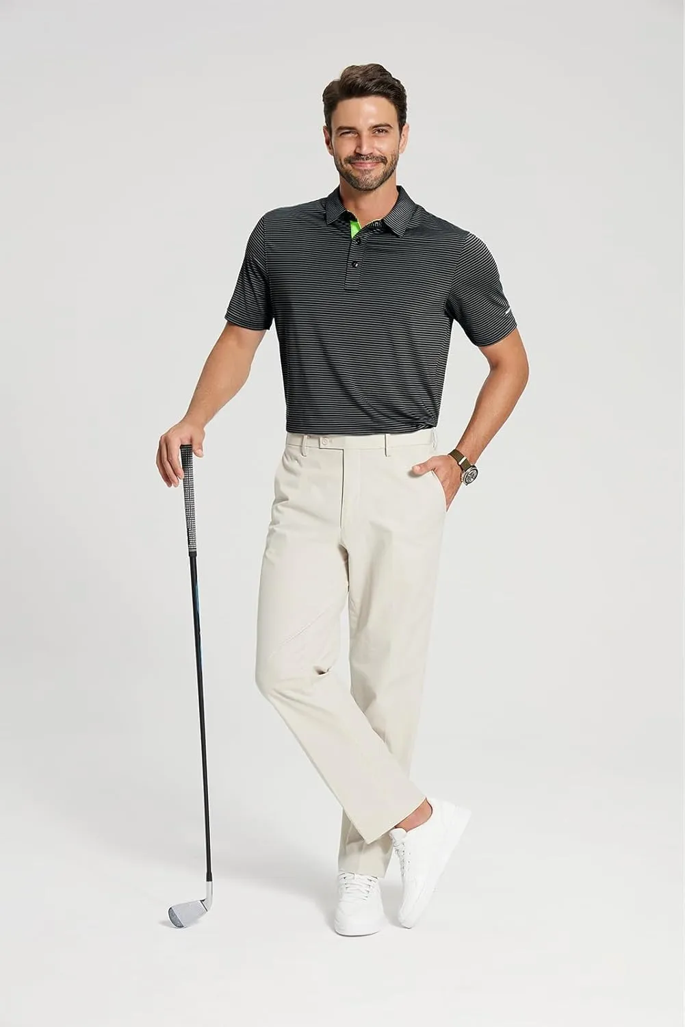 Golf Shirts for Men - Moisture Wicking Short Sleeve Performance Sport Casual Striped Collared Mens Polo Shirt