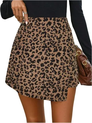 GORGLITTER Women's Leopard Asymmetrical Bodycon Mini Skirts Cheetah Animal Print High Waist Wrap Skort Shorts