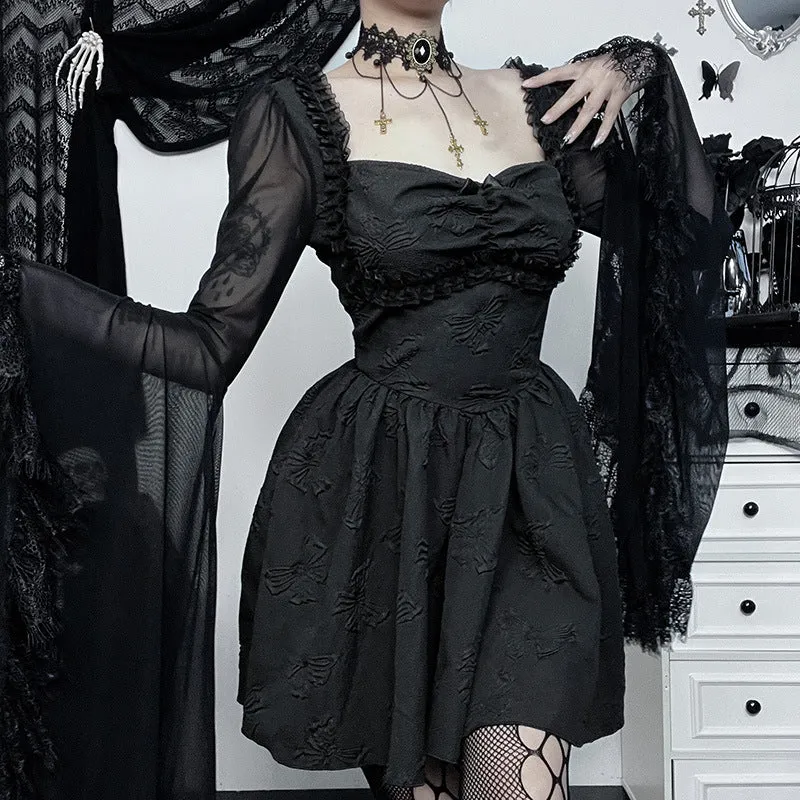 Gothic Dark Lace Patchwork Trumpet Sleeve A-Line Dress