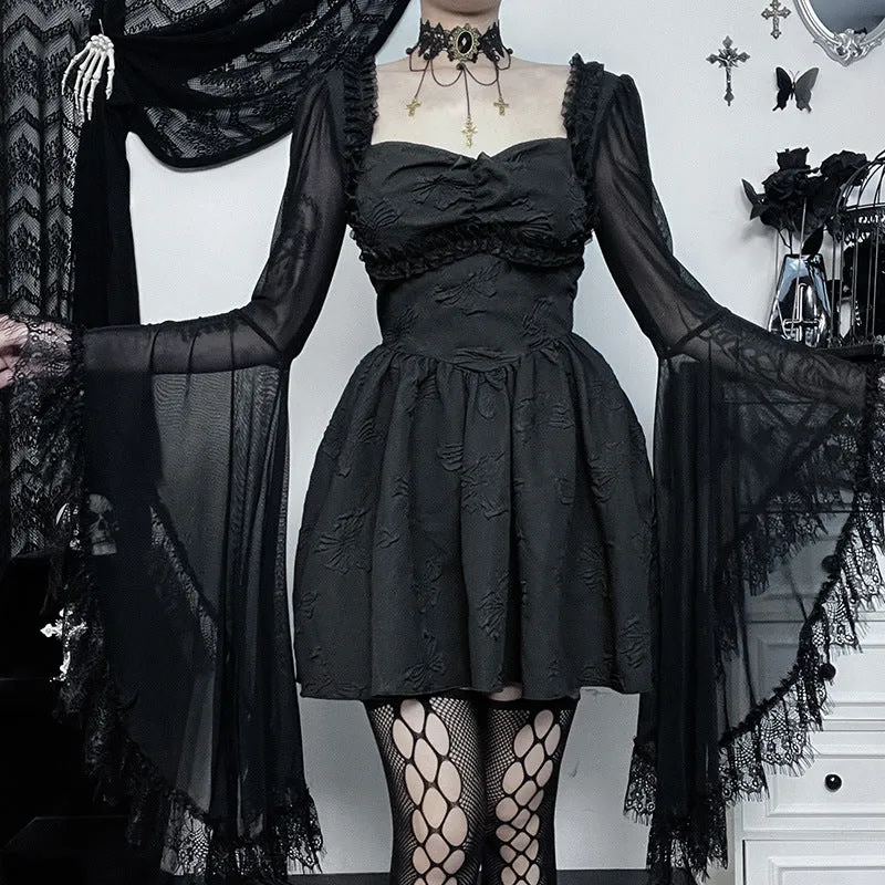 Gothic Dark Lace Patchwork Trumpet Sleeve A-Line Dress