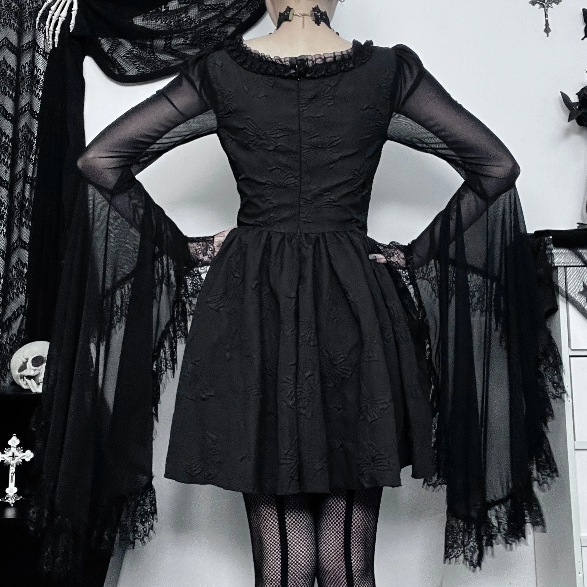Gothic Dark Lace Patchwork Trumpet Sleeve A-Line Dress