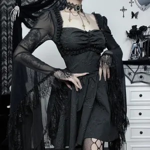 Gothic Dark Lace Patchwork Trumpet Sleeve A-Line Dress