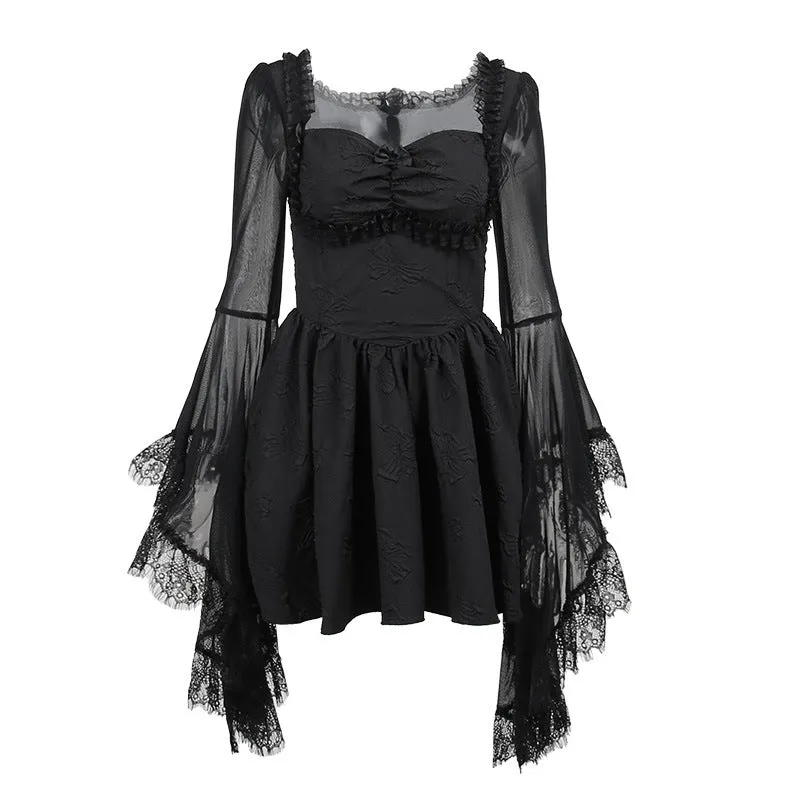 Gothic Dark Lace Patchwork Trumpet Sleeve A-Line Dress