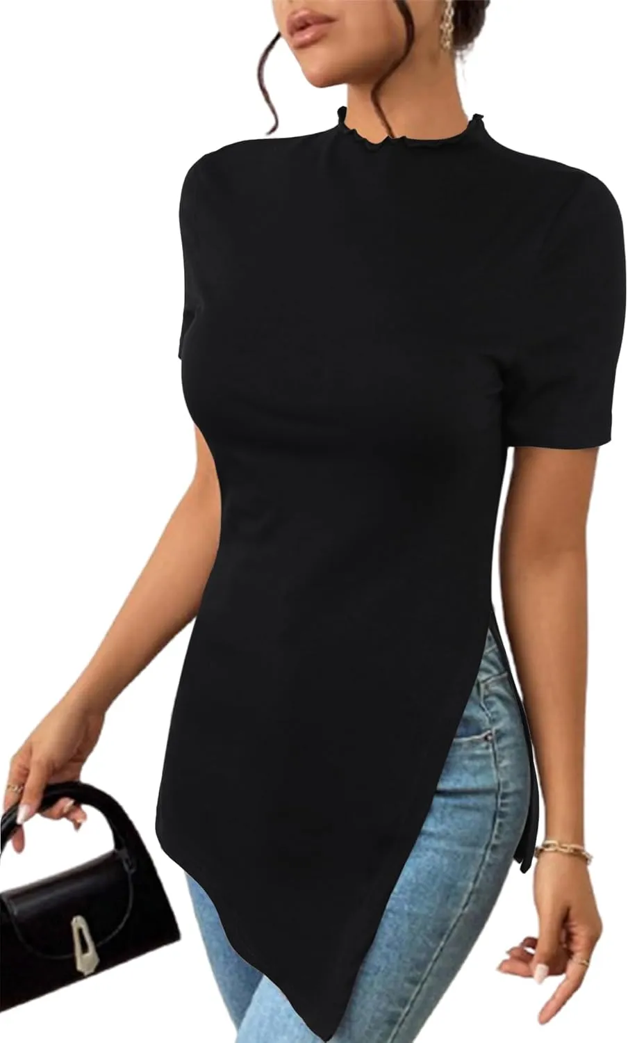 Hilinker Women's Leopard Print Split Hem Tops Summer Mock Neck Short Sleeve Shirts