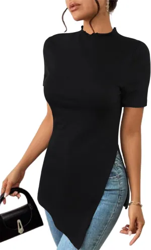 Hilinker Women's Leopard Print Split Hem Tops Summer Mock Neck Short Sleeve Shirts
