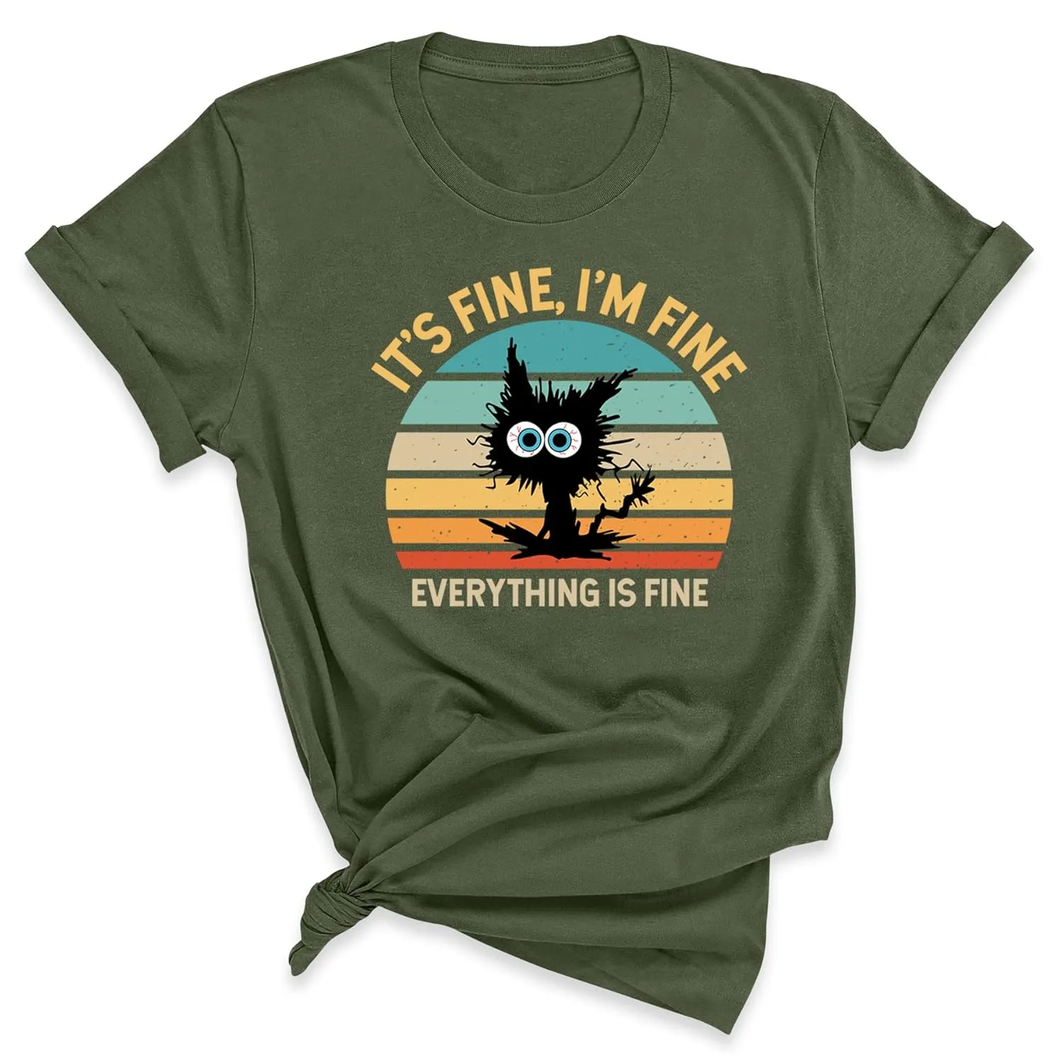 It's Fine I'm Fine Everything is Fine Funny Cat T-Shirt for Women, Casual Fit Short Sleeve Graphic Tee, Cute Sarcastic Humor Shirt (Retro)