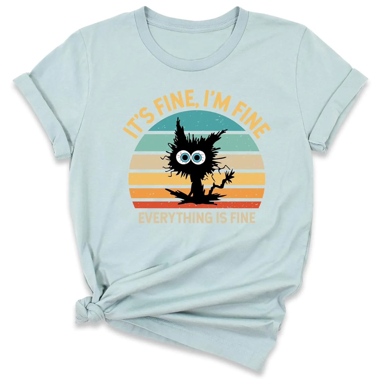 It's Fine I'm Fine Everything is Fine Funny Cat T-Shirt for Women, Casual Fit Short Sleeve Graphic Tee, Cute Sarcastic Humor Shirt (Retro)