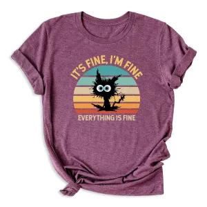 It's Fine I'm Fine Everything is Fine Funny Cat T-Shirt for Women, Casual Fit Short Sleeve Graphic Tee, Cute Sarcastic Humor Shirt (Retro)