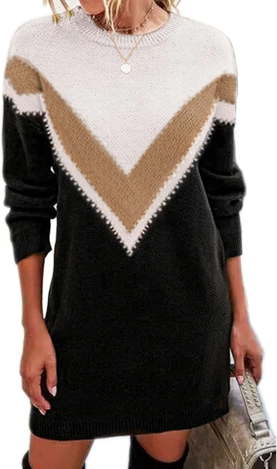 Jayscreate Women's Winter Sweater Dress Casual Long Sleeve Crew Neck Loose Shift Slim Fit Soft Warm Knit Elegant Dress