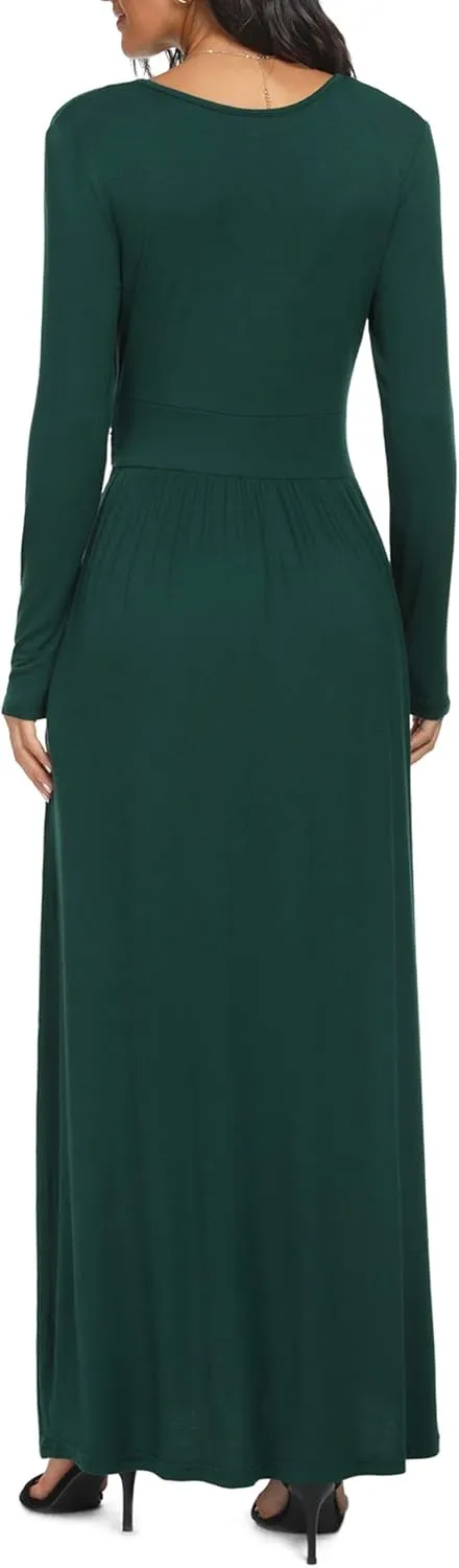 LILBETTER Women Long Sleeve Deep V Neck Loose Plain Long Maxi Casual Dress
