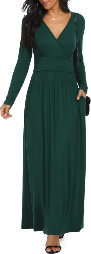 LILBETTER Women Long Sleeve Deep V Neck Loose Plain Long Maxi Casual Dress