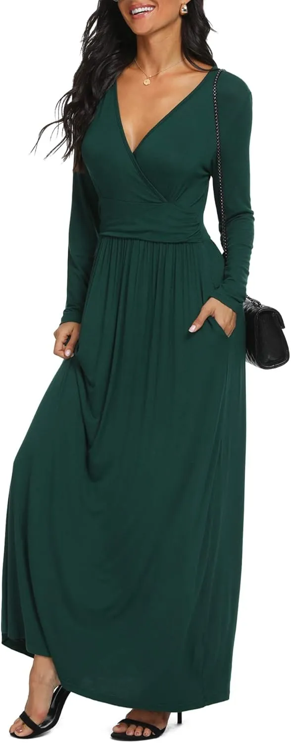 LILBETTER Women Long Sleeve Deep V Neck Loose Plain Long Maxi Casual Dress