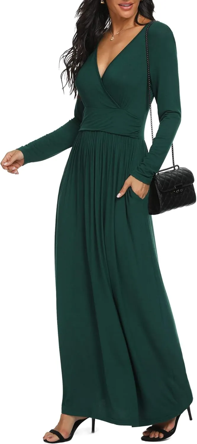 LILBETTER Women Long Sleeve Deep V Neck Loose Plain Long Maxi Casual Dress